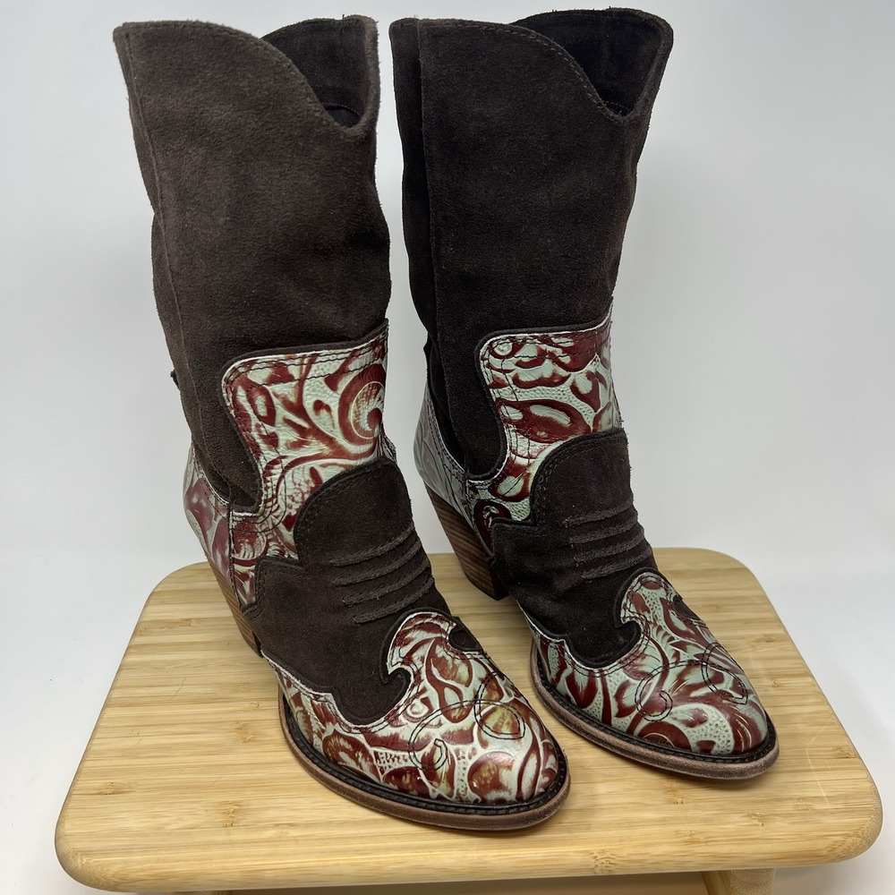 Suede Leather Brown Embroidered Western Cowboy Boots Size 6 Block‎ Heal Org $240